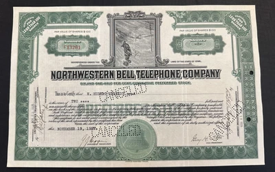 NORTHWESTERN BELL PHONE CO 1926. Certificado de stock. ¡Viñeta Spirit of Service! Foto 1 de 4