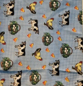 Quilt Fabric By Yard Cows Chicken Eggs Chick on Blue White Check Cotton Nov Vtg - Picture 1 of 1