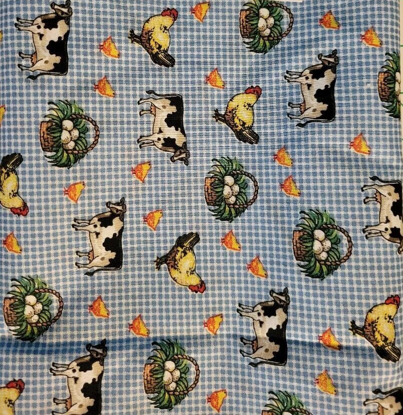 Quilt Fabric By Yard Cows Chicken Eggs Chick on Blue White Check Cotton Nov Vtg - Image 1 of 1