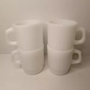 ANCHOR HOCKING 4 vintage mugs plain white milk glass oven proof USA retro set - Picture 1 of 9