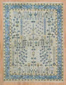 8X10 New Oushak Rug Blue Handmade Ocean Sand Floral Rug, Area Rug In Cream - Picture 1 of 10