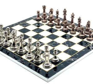 Black-White Marble Patterned Chess Board and Classic Metal Chess Pieces, Chess - Picture 1 of 8