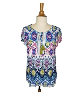 Farmers Market by One World Top S Ikat Tie Neck Popover Sequins Flutter Sleeves - Picture 1 of 13