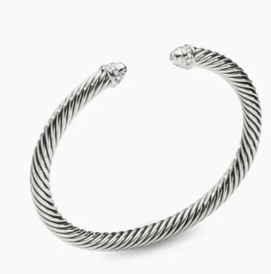 David Yurman 纯银珍珠和钻石 5 毫米电缆袖口手链 — 第 1/4 张图片