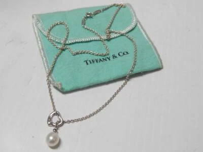 VINTAGE TIFFANY PEARL STERLING SILVER HEART ELSA PERETTI LARIAT NECKLACE + POUCH - Image 1 of 4