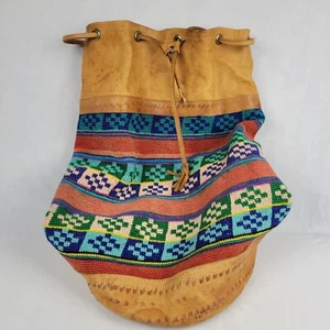 VTG Southwestern Leather Hand Woven Boho Backpack Tote Bag Drawstring - Picture 1 of 16