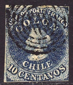 CHILE 1856-1860 10c. Impresión COLON ESTANCOS SANTIAGO Chile #8 Scott #10 SG 23 Wmk3 - Imagen 1 de 2