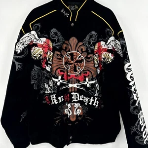 Raw Blue Bomber Jacket Men XL Multi Sword & Skull Graphic Hip Hop Y2K Snap Front - Bild 1 von 11