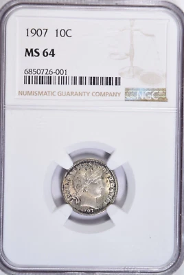 1907 BARBER DIME ~ SHARP STRIKE NGC MS64! - Image 1 of 4