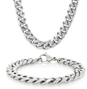Mens 24''+9'' Stainless Steel 13mm Curb Chain Necklace & Bracelet Set XMAS GIFTS - Picture 1 of 1