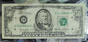 1985 $50 Fifty Dollar Bill Federal Reserve Note, US Serial # D51138662A - Picture 1 of 8