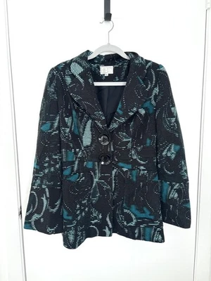 VTG Alberto Makali Women's Teal Black Printed Art Knit Long Cardigan Jacket 10 - Image 1 of 4
