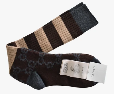🆕️GUCCI Marrón/Gris LOGO RAYAS LANA Mezcla Calcetines Hombre M/11/24-26cm Foto 1 de 4