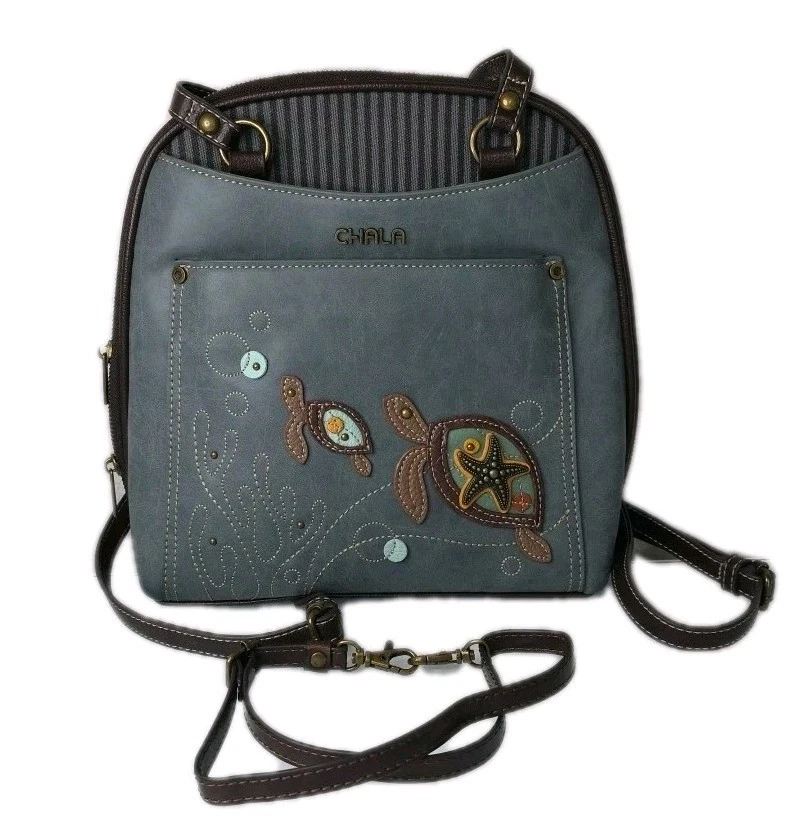 Mochila Cartera Convertible Chala Azul Marrón Diseño Tortuga Marina Cuero Vegano Nueva Sin Etiquetas Foto 1 de 4