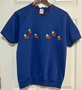 VTG Jerzees Short Sleeve Sweatshirt Strawberry Embroidery Size L USA Blue Ruffle - Picture 1 of 12