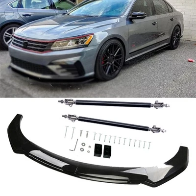 Front Bumper Lip Spoiler With Strut Rod Glossy Black For Volkswagen PASSAT Body - Image 1 of 4