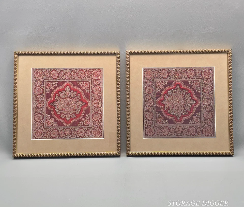 Vintage Pair of Floral Embroidery Art Tapestry Framed Wall Decor 14.75" x 14.75" - Image 1 of 4