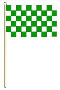 GREEN AND & WHITE CHECKERED 18" x 12" LARGE HAND WAVING COURTESY FLAG & POLE - Picture 1 of 1