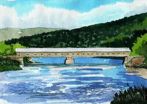 Puente cubierto de Cornish-Windsor, NH y de colección Peter Mason impresiones de paisaje acuarela - Imagen 1 de 1