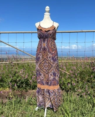 Maxi vestido morado y marrón paisley bebé muñeca sin mangas boho Y2K pradera Foto 1 de 4