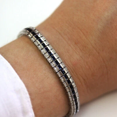 Brazalete de oro blanco sólido de 14 k con zafiro princesa azul natural de 6,5 quilates Foto 1 de 4