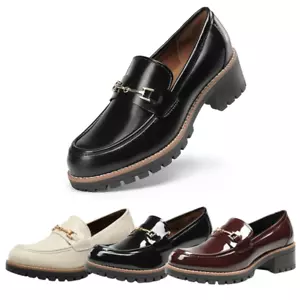 Women Low Platform Chunky Heel Round Toe Casual Slip On Comfort Loafer Shoes - Picture 1 of 14