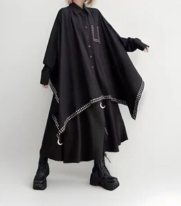 Black Urban Street Long Edgy Overlay Top Asymmetrical Loose Layering Shirt 18 - Picture 1 of 21