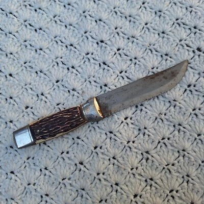 Faca de caça vintage Colonial Prov EUA lâmina fixa 5" cabo falso de veado - Imagem 1 de 4