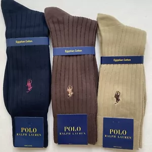 Polo Ralph Lauren Egyptian Cotton Mens Socks Set Of 3 Rib Knit Staple Colors - Picture 1 of 3
