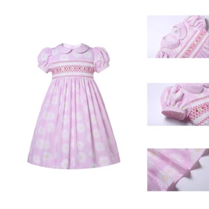 Girls Smocked Pink Dresses Daisy Print Summer Vacation Party Clothing 2-12 Years - Picture 1 of 11