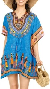 Women's Short African Kaftan Dress Beach Long Cover Up Ethnic Print Color Blue - Picture 1 of 10