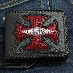 Biker Wallet Red Cross Stingray Skin Inlaid Leather Mens Wallets for Chain New - Picture 1 of 6