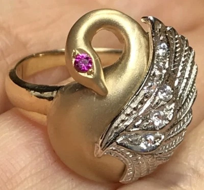 GOLd Swan Ring 14k yellow white cz solid gift her love  size 7 ask  5 6 8 9 - Image 1 of 4
