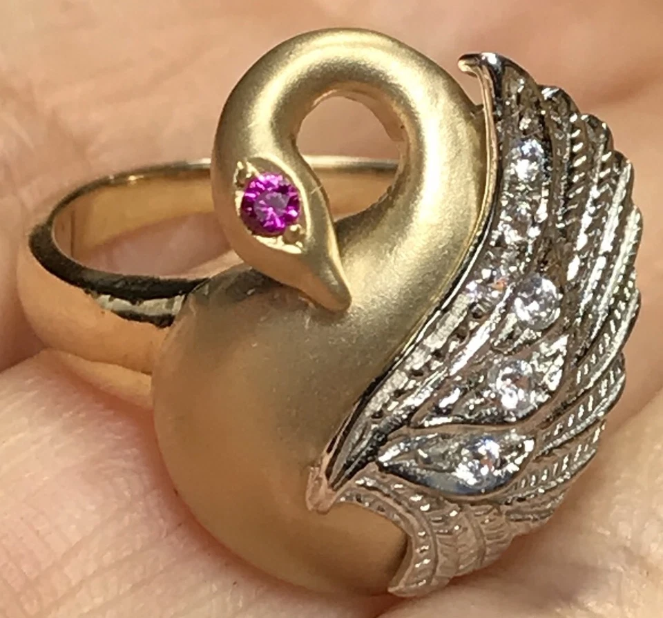 GOLd Swan Ring 14k yellow white cz solid gift her love  size 7 ask  5 6 8 9 - Image 1 of 4