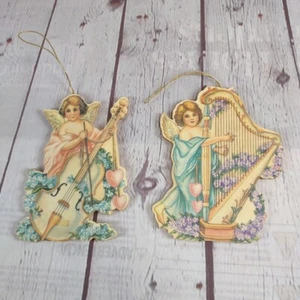 2 Vintage Kurt Adler viktorianischer Engel Cello & Harfe Ornamente DBL Seite Santa World 80er - Bild 1 von 5