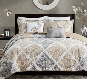 CLAIRE BOHO 6pc Queen QUILT SET : BROWN MEDALLION FALL FLORAL TAUPE LEAF DIAMOND - Picture 1 of 7