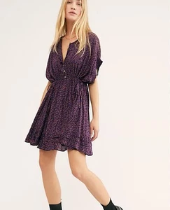 FREE PEOPLE Purple Floral One Fine Day Short Sleeve Mini Dress XS D34 - Picture 1 of 9