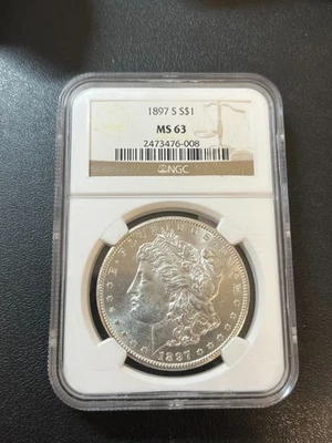 1897 S MORGAN DOLLAR NGC MS-63 - UNCIRCULATED - GREAT DATE - CERTIFIED SLAB - $1 - Image 1 of 2