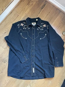 Larry Mahan Camicia Uomo 2XL Nero Rockabilly Perla Snap Sorriso Ricamato Giogo - Foto 1 di 10