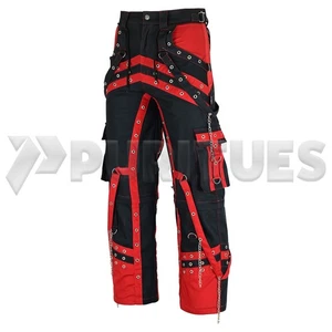 Puritues Herren schwarz rot Gothic Punk Bondage Hose mit Ketten und Trägern Hose - Bild 1 von 6