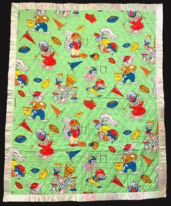 1960s NOS Satin Edge Baby Blanket Quilt FOOTBALL Retro SQUIRRELS v BUNNIES 55x44 - Picture 1 of 11
