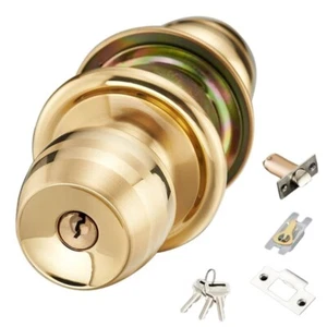 Round Keyed Entry Door Knob Brass Finish Entry Door Knob for Front & Back door - Picture 1 of 8