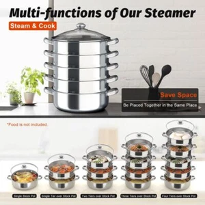 5-Tier Steamer Cooker Steam Pot Food Cooking Hot Pot Stainless Steel & Glass Lid - Picture 1 of 13