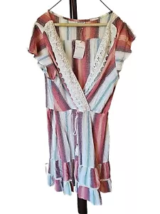 Nostalgia Striped Boho Festival Dress Lace Thin Style N1R83 Large new With Tags - Picture 1 of 16