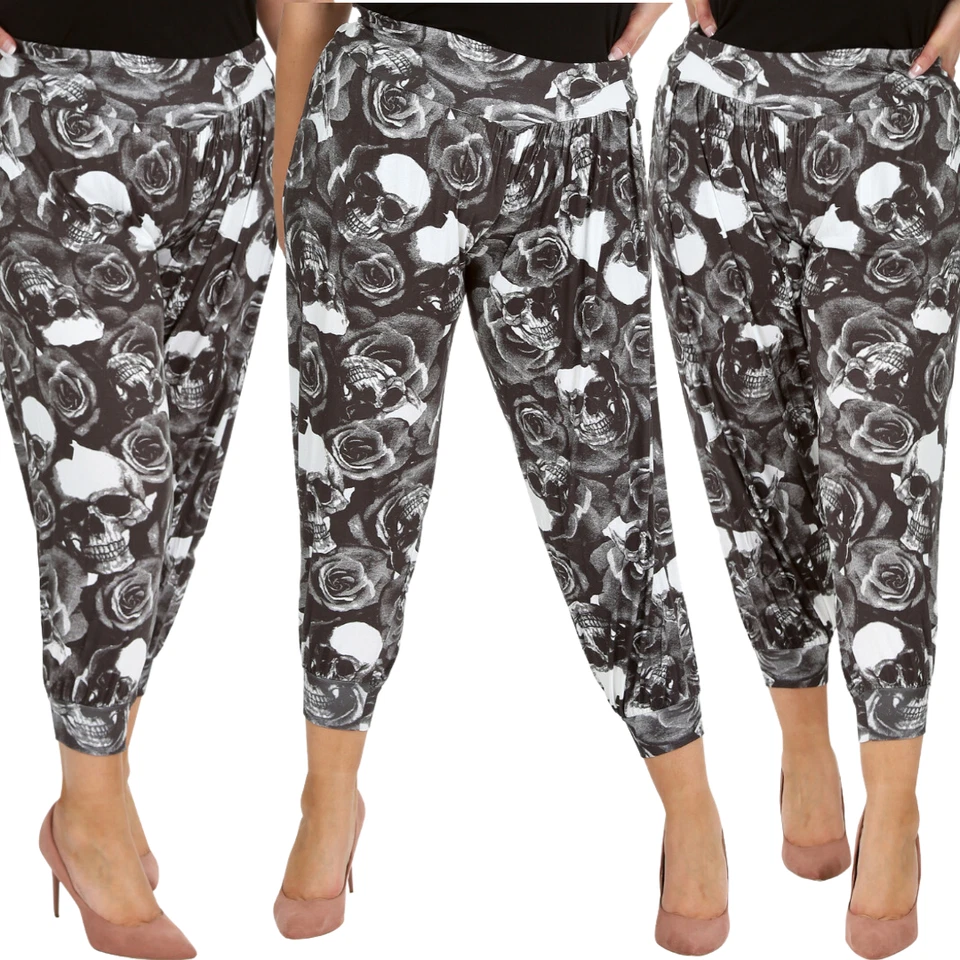 Nouvelle Plus Size Women Skull & Roses Harem Trousers - Elasticated Waist & Hem - Image 1 of 1