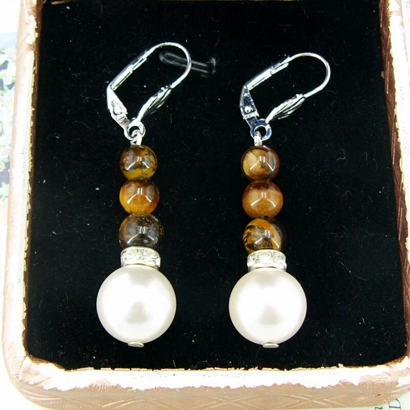 BAILYSBEADS edle Tigerauge & Muschelkernperle Ohrringe Ohrhänger neu K813 - Bild 1 von 1