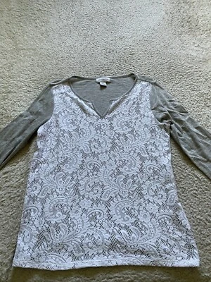 Blusa Liz Claiborne Mujer Encaje Manga 3/4 Henley Forrada Blanca Gris Talla M Foto 1 de 4