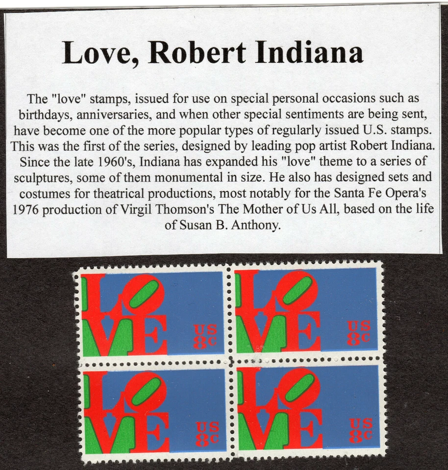 LOVE by ROBERT INDIANA  * VINTAGE US POSTAGE STAMPS BLOCK MNH - Image 1 of 1