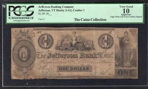 1800's $1 JEFFERSON BANKING COMPANY VERMONT OBSOLETE NOTE PCGS VERY GOOD-10 - Picture 1 of 2
