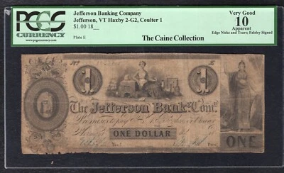 1800's $1 JEFFERSON BANKING COMPANY VERMONT OBSOLETE NOTE PCGS VERY GOOD-10 - Image 1 of 2